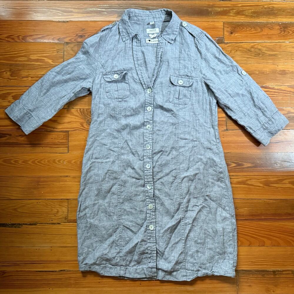 MALVIN Germany Grey Linen Shirt Dress Womens XL 12 Button Front Epaulet Tunic